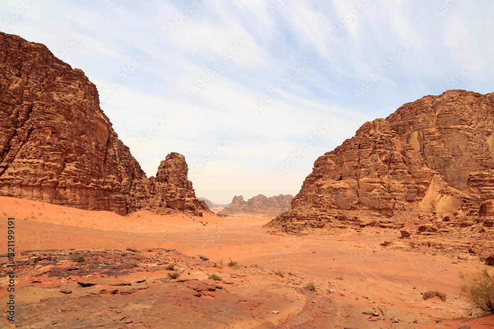 Wadi Rum desert panorama with dunes, mountains and sand that looks like planet Mars surface, Jordan