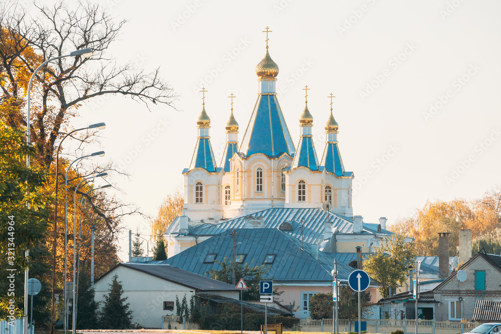 Kobryn, Brest Region, Belarus. Church of St. Alexander Nevsky In Autumn Sunny Day. Famous Historic L