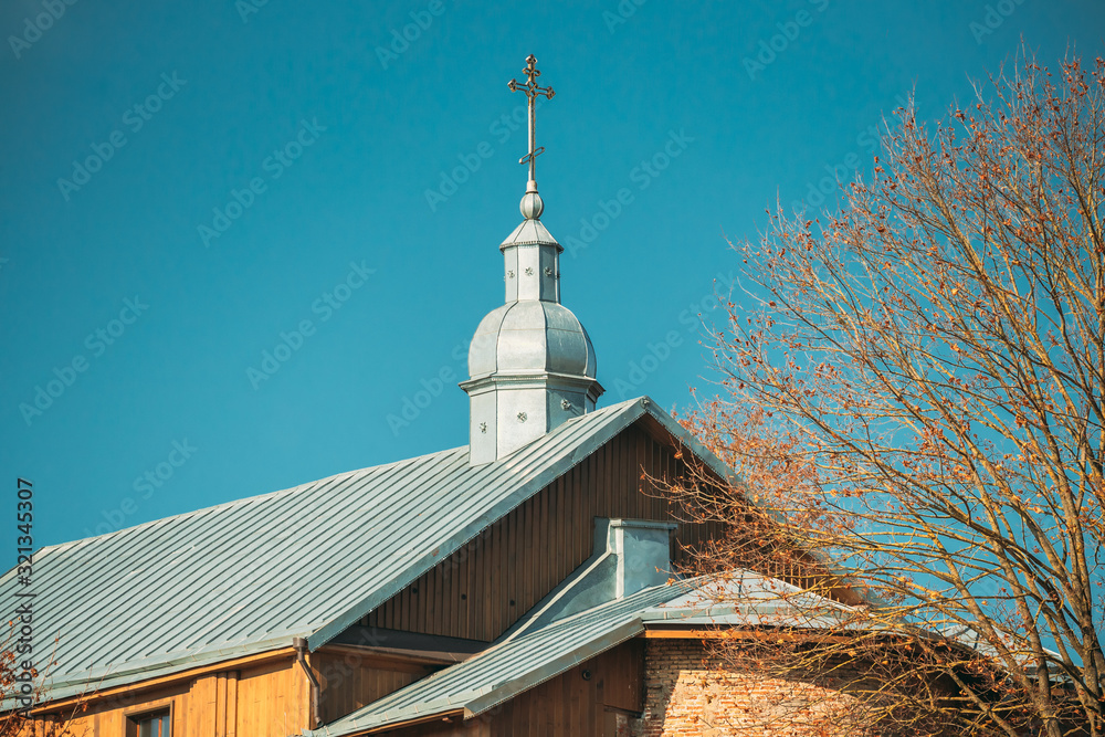 Grodno, Belarus. Kalozha Church In Sunny Autumn Day. Close Up Details Of Church of Sts. Boris and Gl