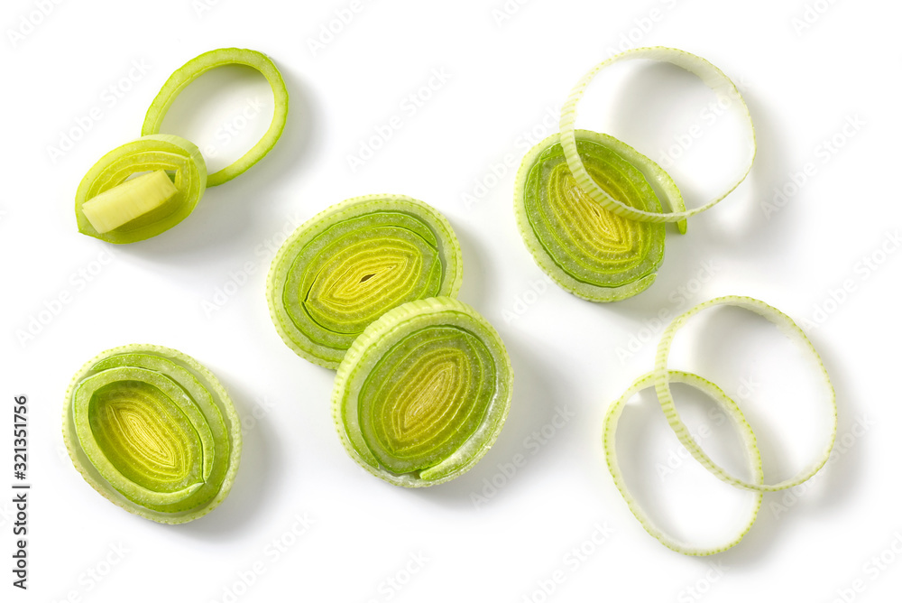 sliced leek on white background