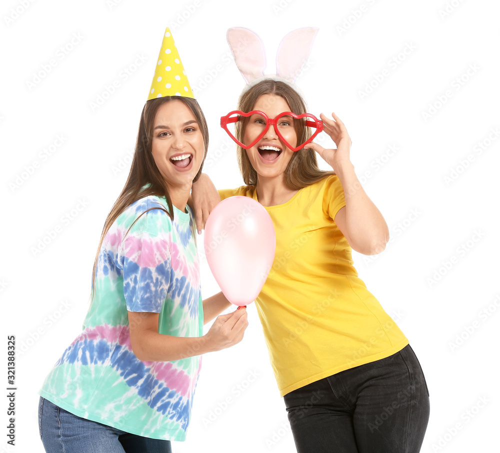 People in funny disguise on white background. April fools day celebration