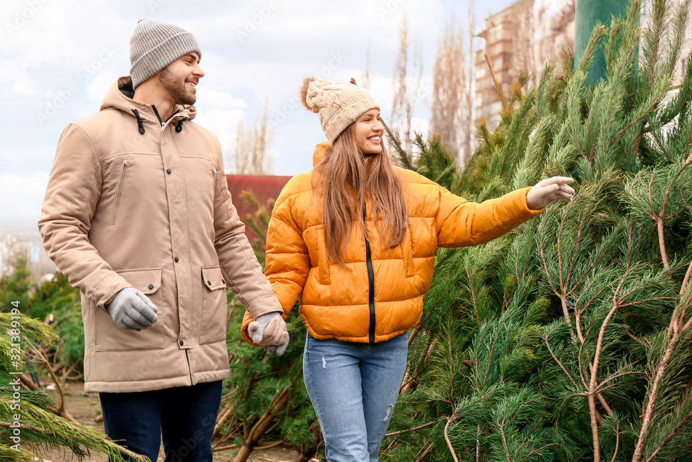 Young couple buying Christmas tree at the market