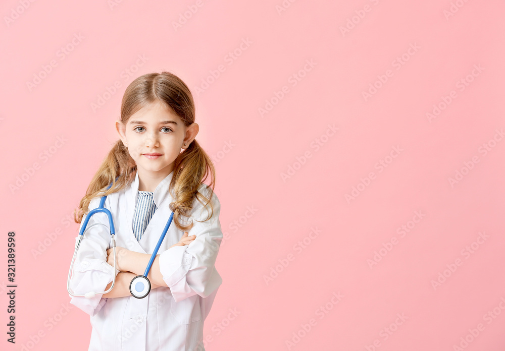 Cute little doctor on color background