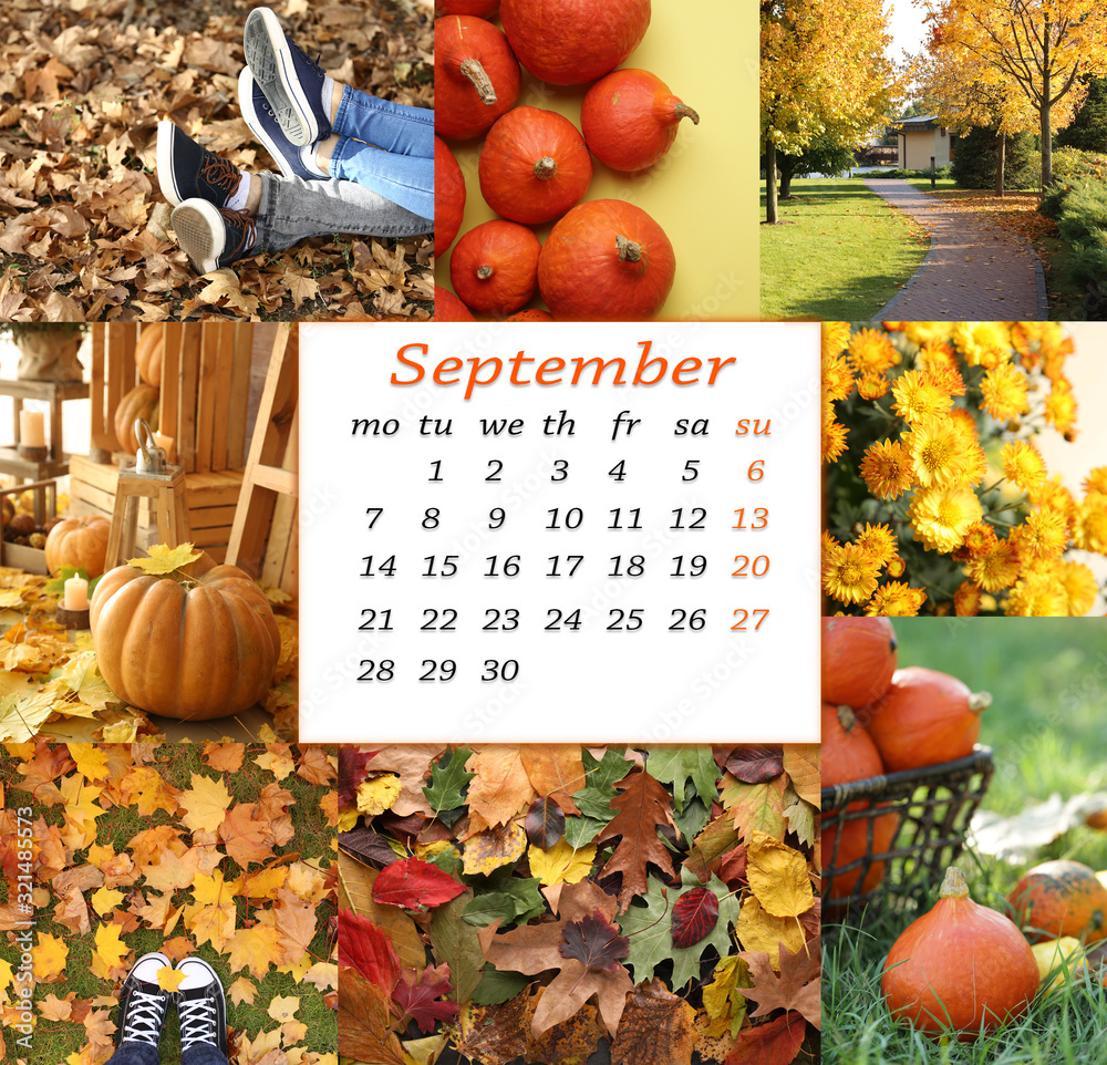 Collage of photos with different autumn compositions and calendar