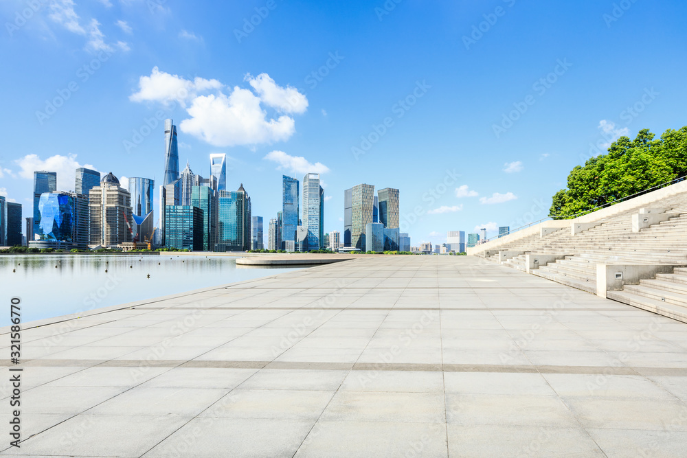 Empty square floor and Shanghai city skyline with buildings,China.