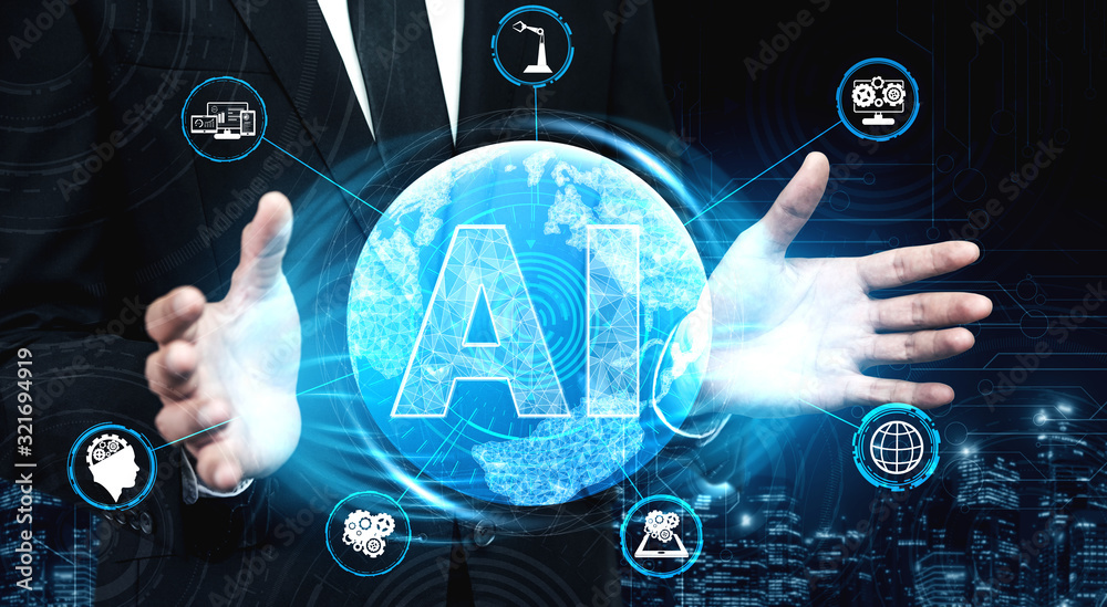 AI Learning and Artificial Intelligence Concept - Icon Graphic Interface showing computer, machine t