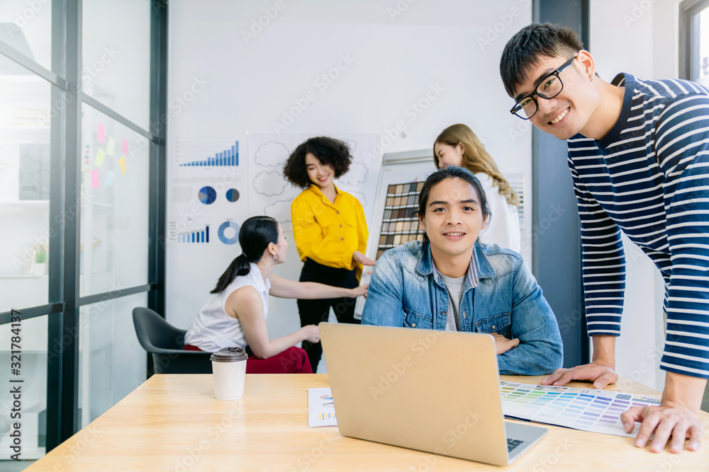 Group of asian young creative happy people entrepreneur on a business meeting office background Good