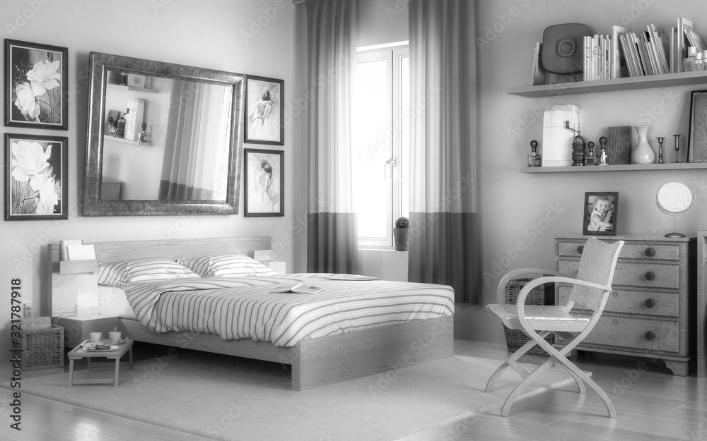 Inside my bedroom - black and white 3d visualization