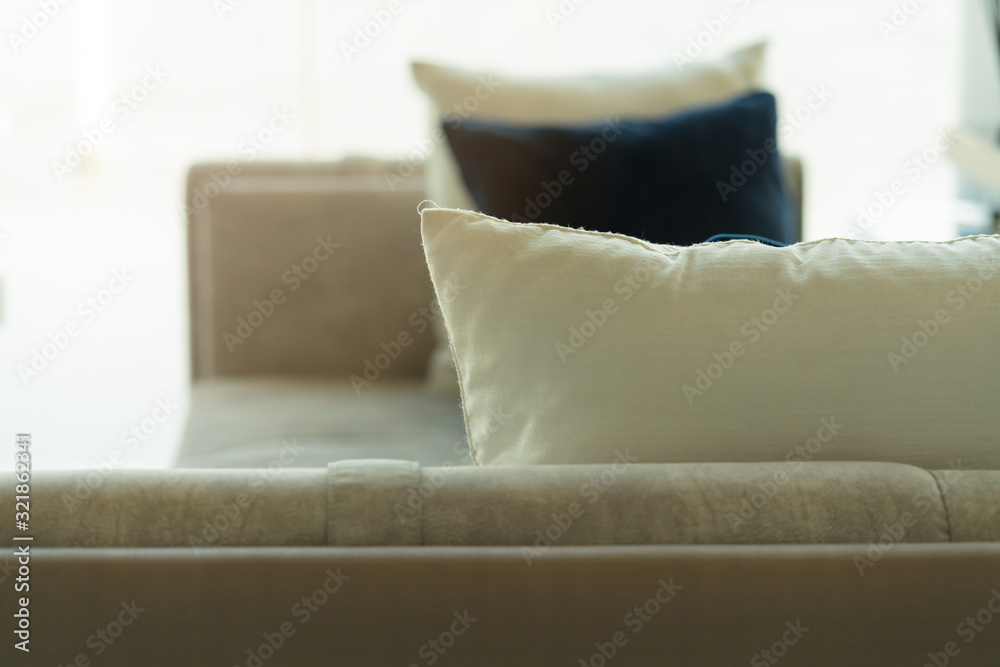 contemporary interior of Living room with part of sofa in sunny day and white curtain interior backg