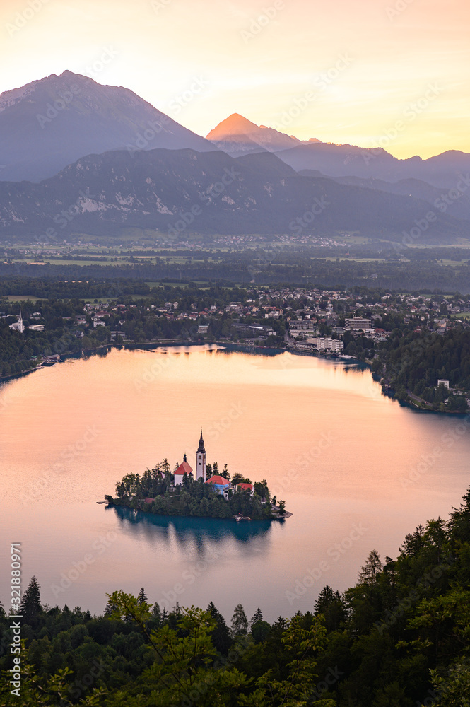 Lake Bled with church at sunrise, Slovenia