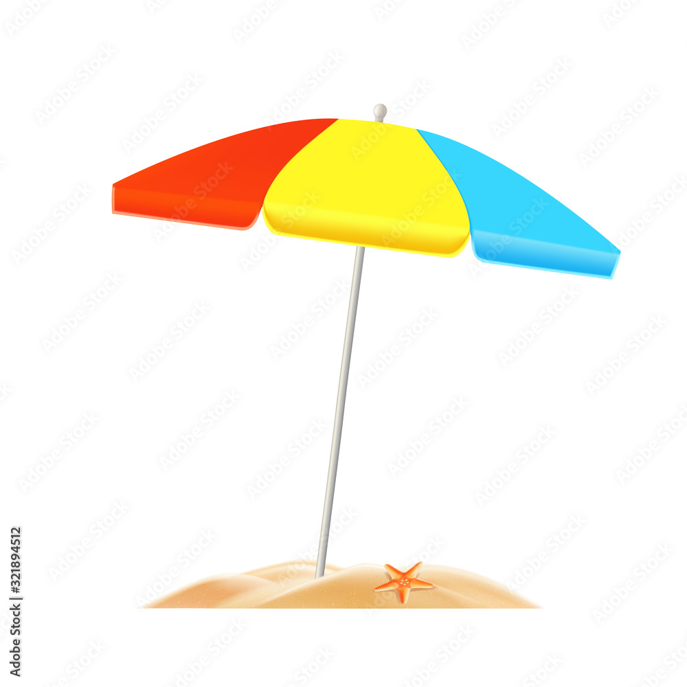 Colored umbrella in the sand on the beach, sun protection, element for design, vector illustration.