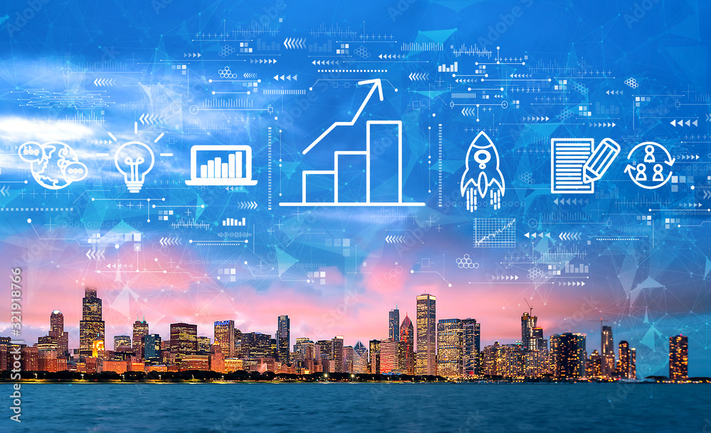 Business growth analysis with downtown Chicago cityscape skyline with Lake Michigan