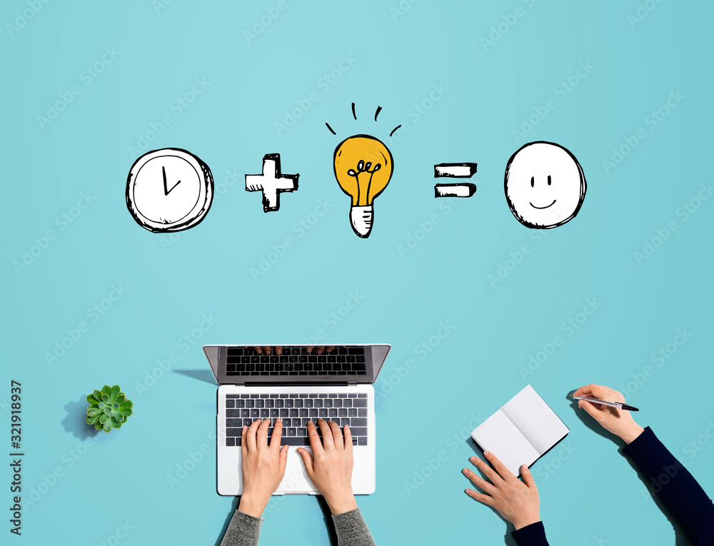 Time plus idea equals happy with people working together with laptop and notebook