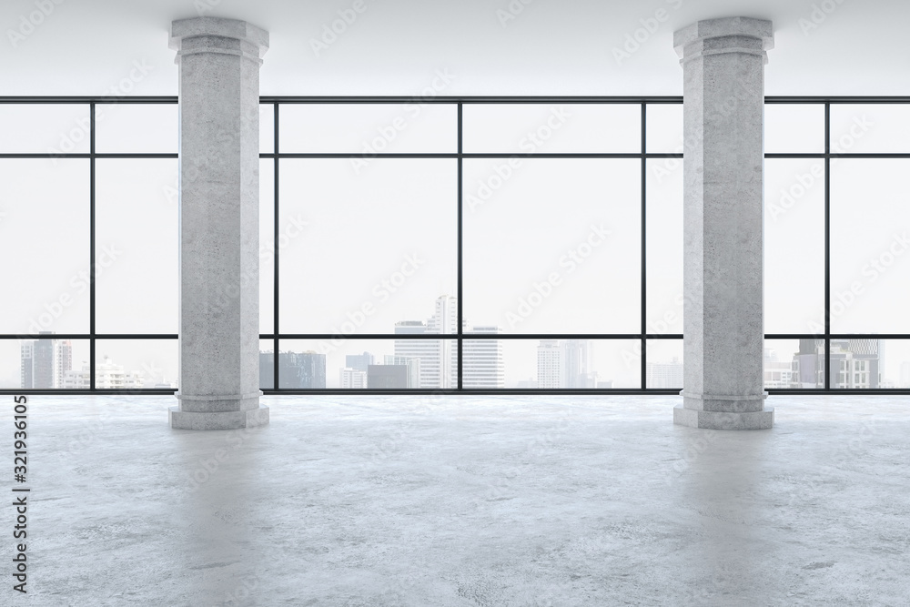 Minimalistic gallery interior with two columns