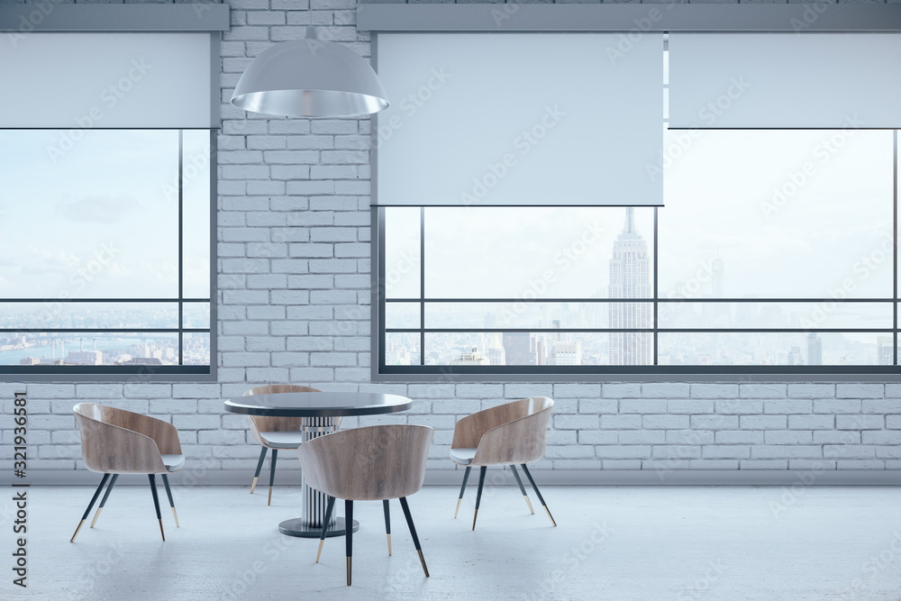 Brick waiting room with four chairs