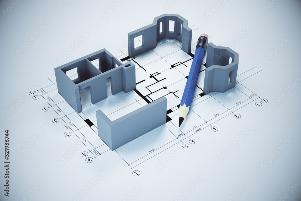 灰色桌子上的蓝图、铅笔和房屋模型。