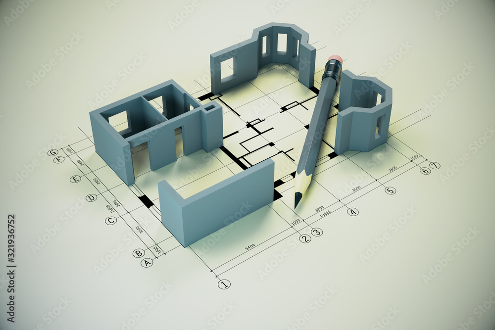 Blueprint, pencil and house model on yellow table