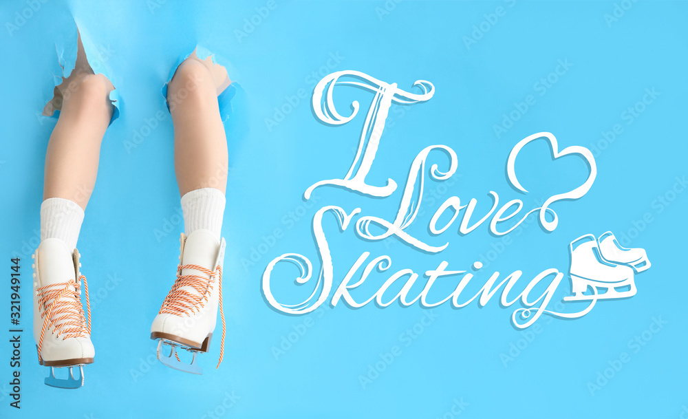 Text I LOVE SKATING and legs of young woman in ice skate shoes tearing color paper