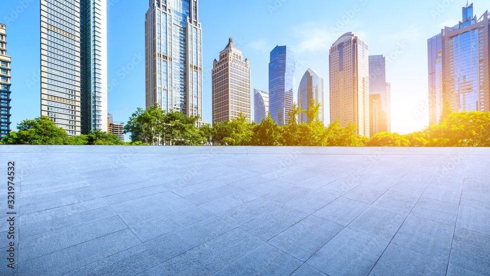 Empty square floor and lujiazui commercial architecture scene in Shanghai,China.