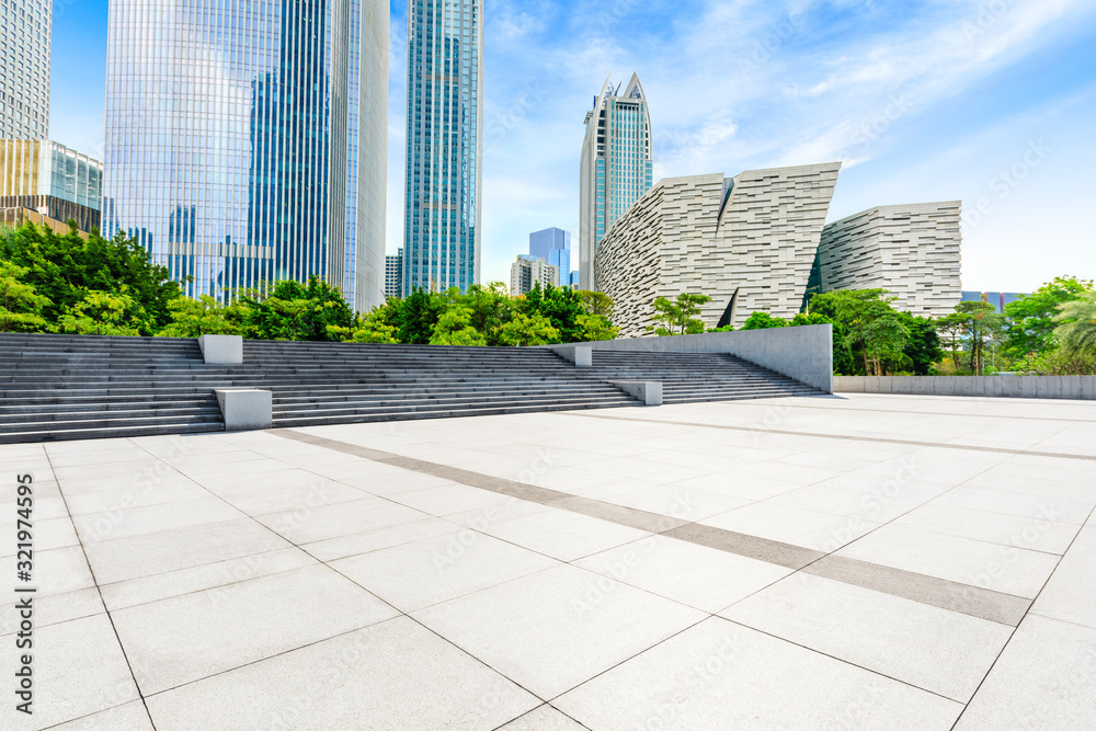 Empty square floors and urban commercial architecture scene in Guangzhou,China.