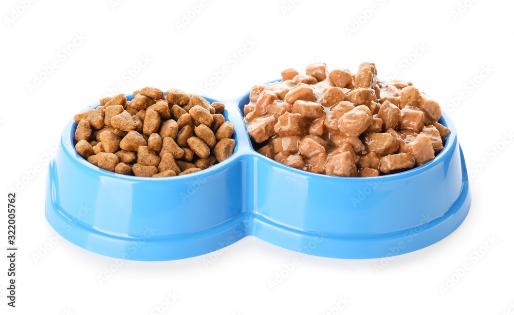 Bowls with pet food on white background