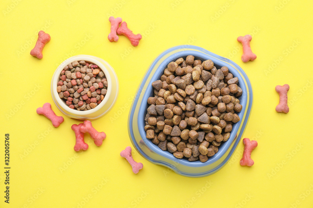 Bowls with dry pet food on color background