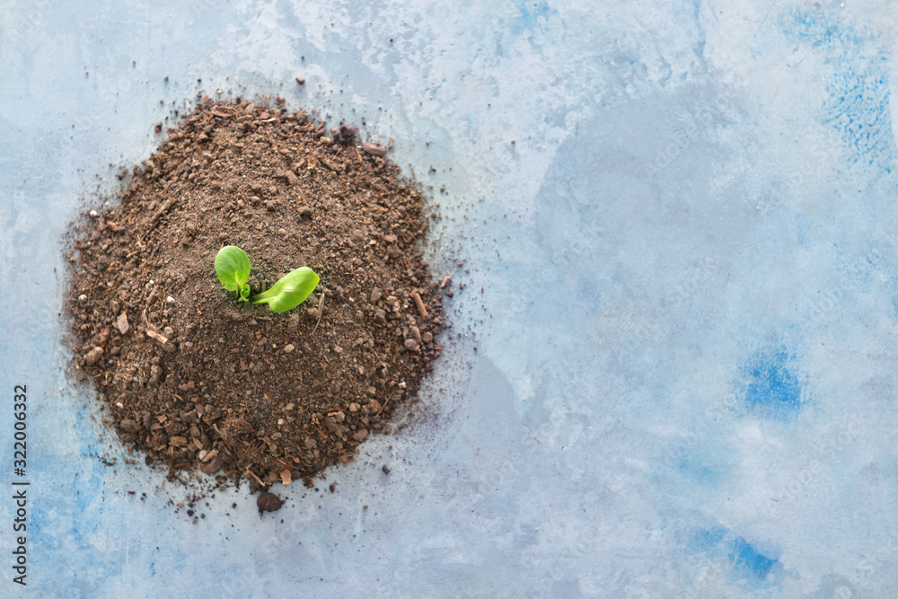 Heap of soil and plant on color background. Earth Day celebration