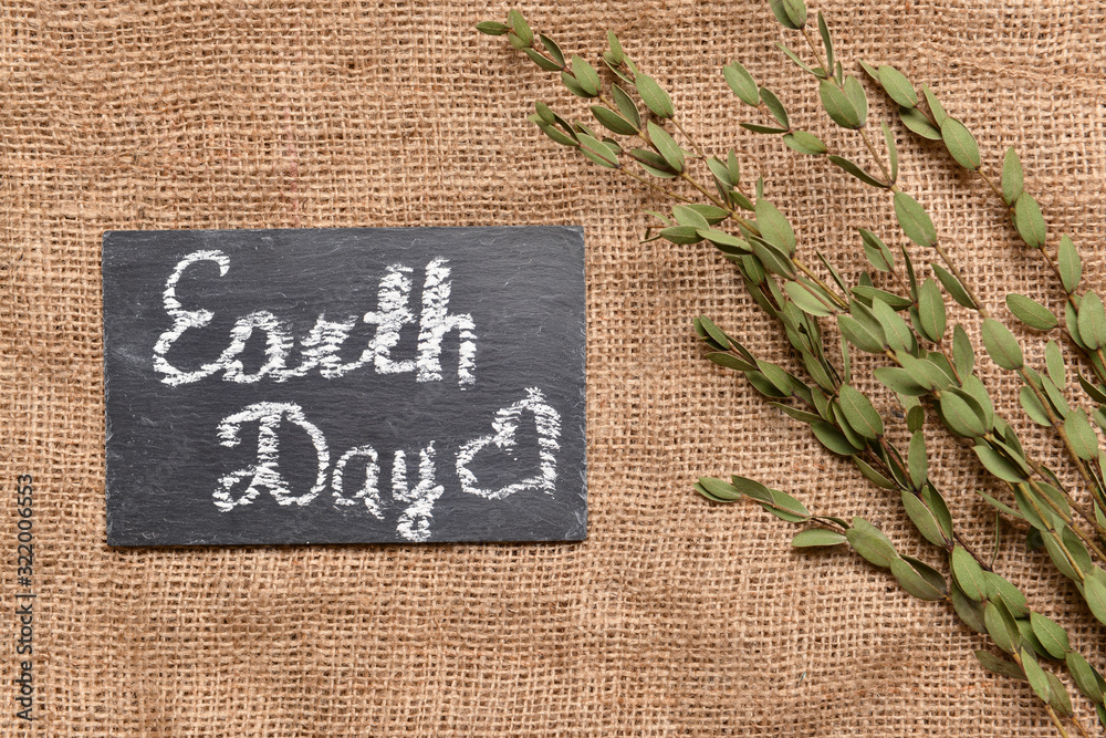 Chalkboard with text EARTH DAY and plant on sackcloth