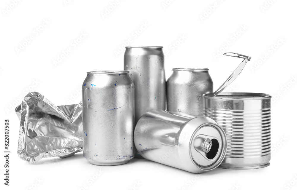 Different metal garbage on white background. Recycling concept