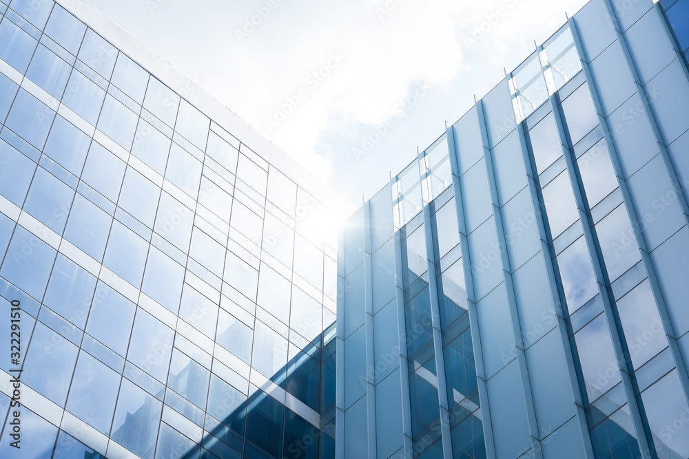 Low angle view of generic modern office skyscrapers