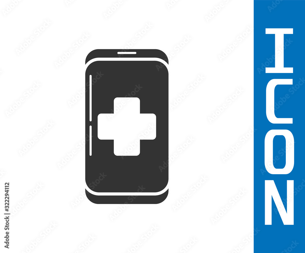 Grey Emergency mobile phone call to hospital icon isolated on white background.  Vector Illustration