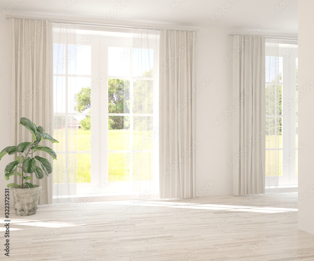 Stylish empty room in white color with summer landscape in window. Scandinavian interior design. 3D 