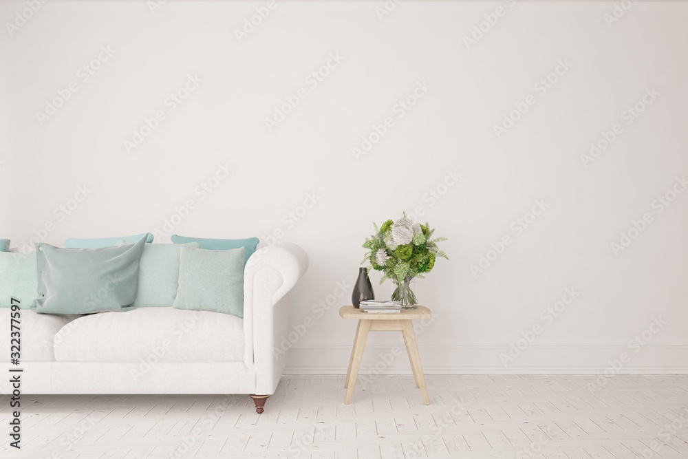 Stylish room in white color with sofa. Scandinavian interior design. 3D illustration