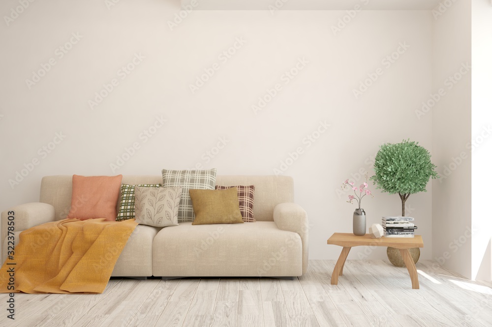 Stylish room in white color with sofa. Scandinavian interior design. 3D illustration