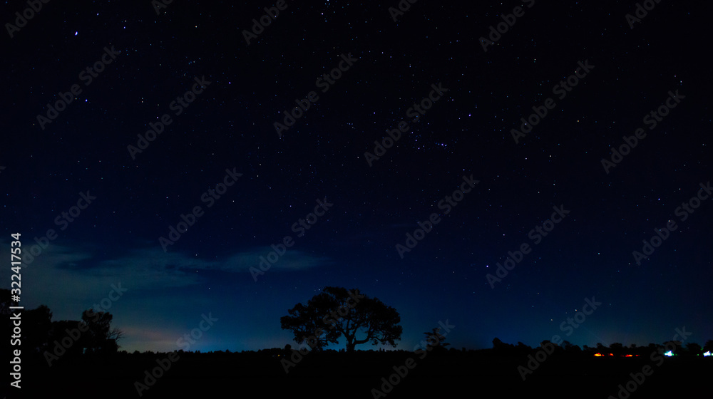 全景蓝色夜空，银河系和黑暗背景下的恒星。宇宙充满了恒星、星云和