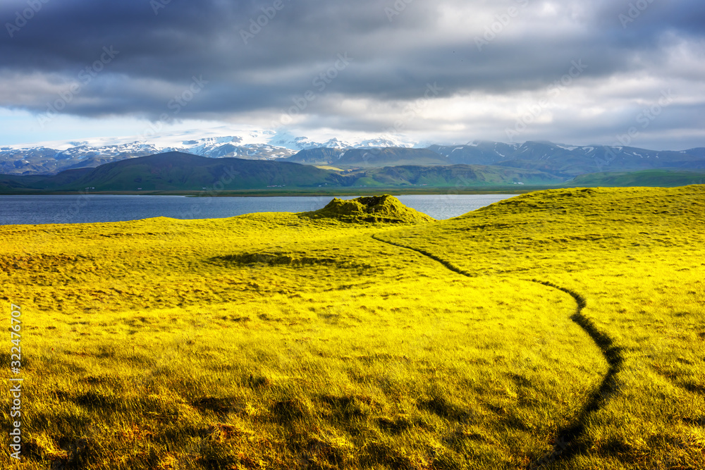 Gorgeous Iceland landscape with green grass field, blue lake and snow-capped mountains in the backgr