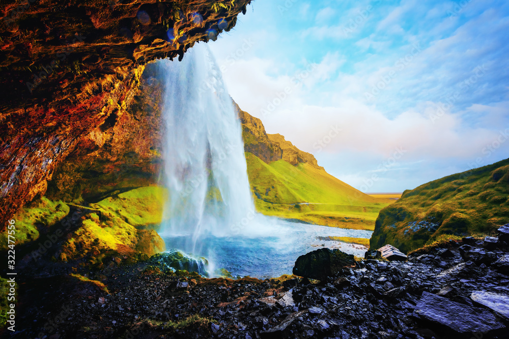 Gorgeous landscape from Seljalandfoss waterfall on Seljalandsa river, Iceland, Europe. View from ins