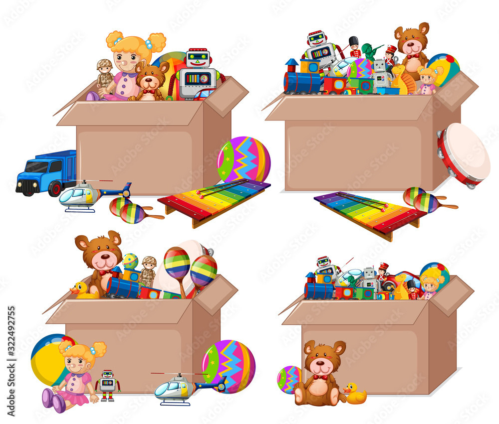 Set of boxes full of toys on white background