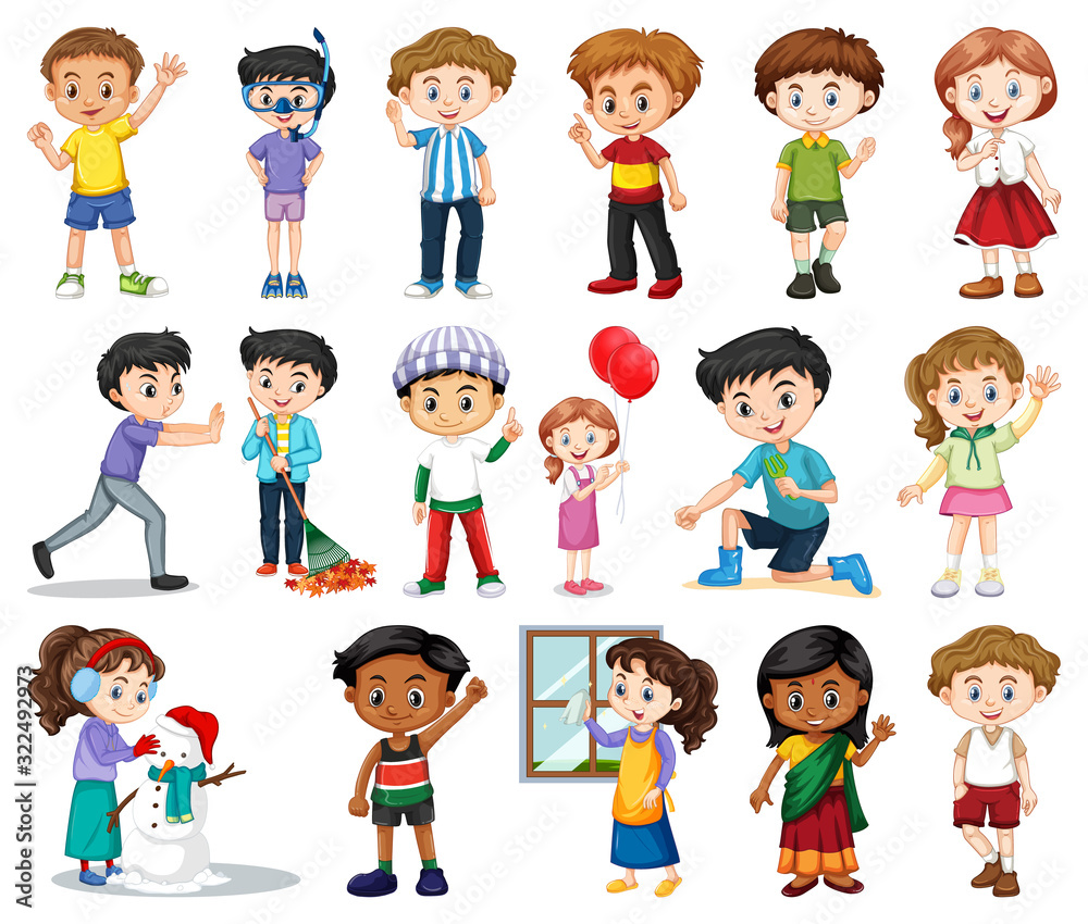 Large set of boys and girls doing different activity on white background