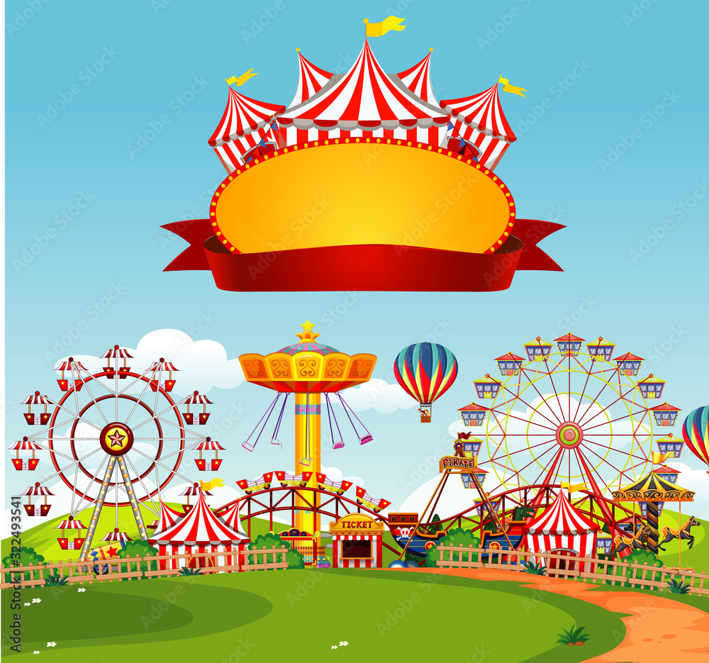 Circus scene with sign template in the sky