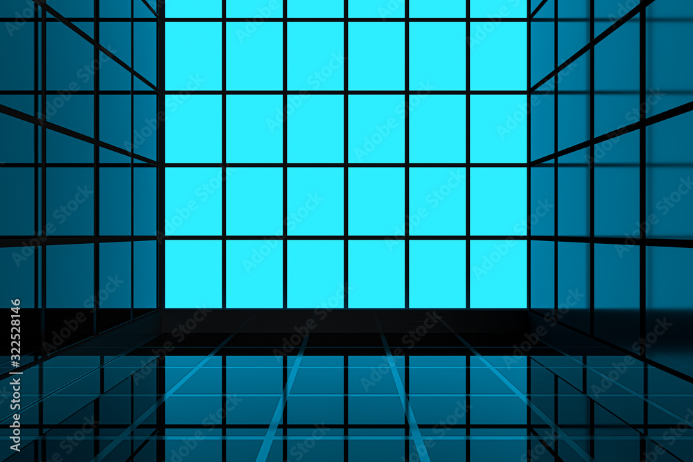 Neon and glass squares with dark background,3d rendering.