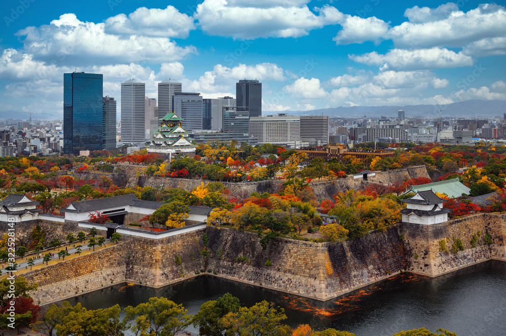 Cityscape from top view of Osaka city  and Osaka castle