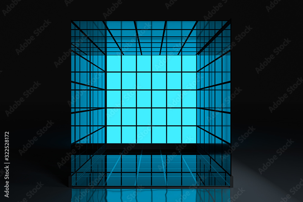 深色背景的霓虹灯和玻璃正方形，三维渲染。