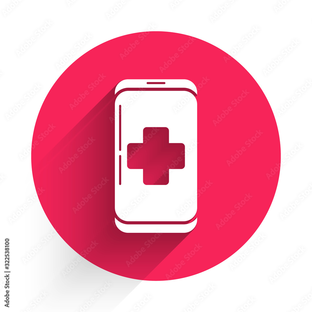 White Emergency mobile phone call to hospital icon isolated with long shadow. Red circle button. Vec