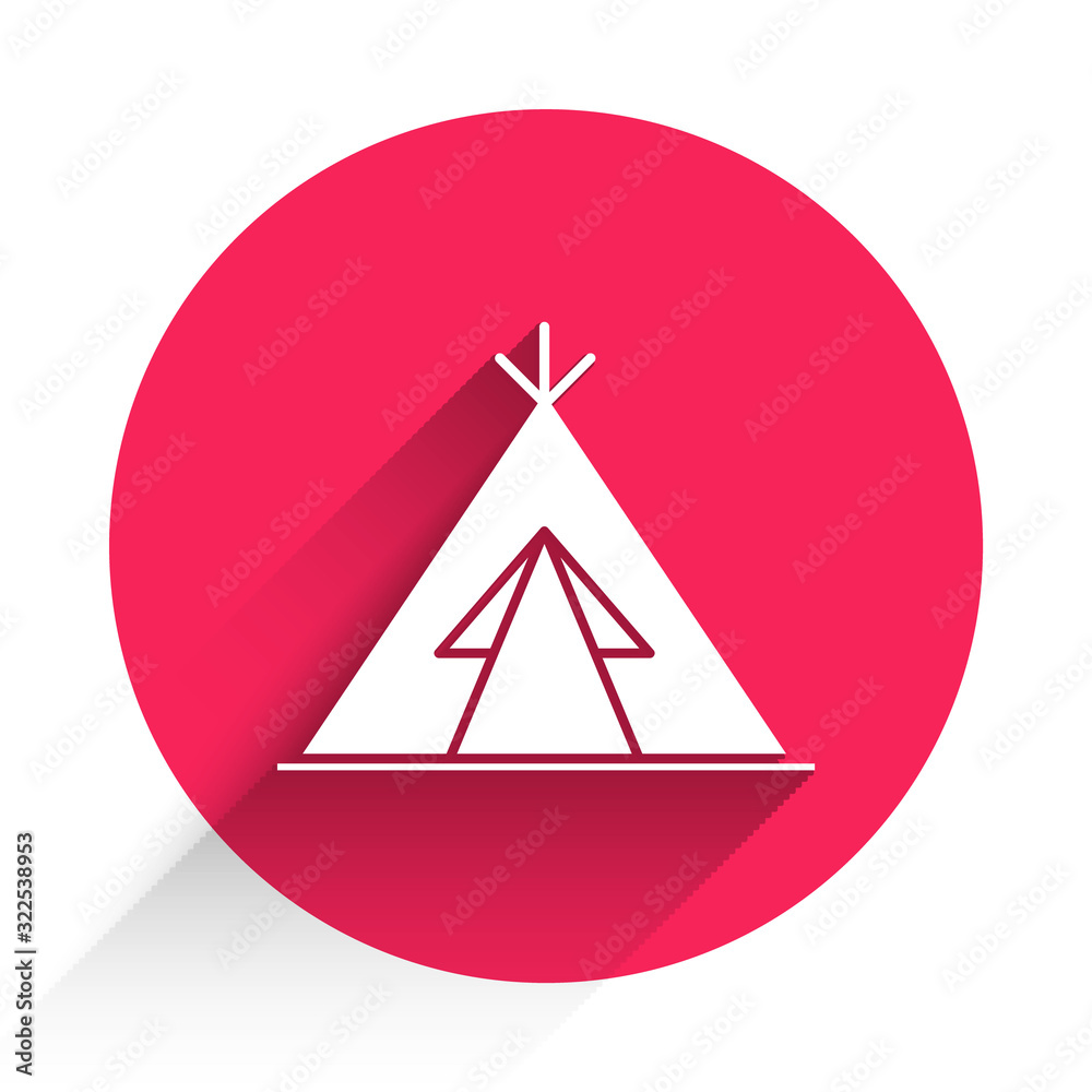 White Traditional indian teepee or wigwam icon isolated with long shadow. Indian tent. Red circle bu