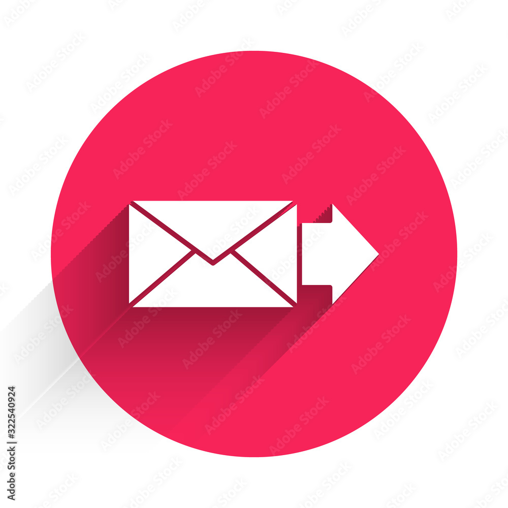 White Envelope icon isolated with long shadow. Email message letter symbol. Red circle button. Vecto