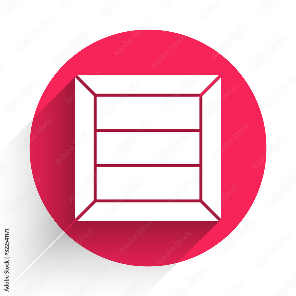 White Wooden box icon isolated with long shadow. Red circle button. Vector Illustration