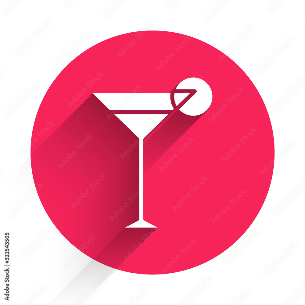 White Martini glass icon isolated with long shadow. Cocktail icon. Wine glass icon. Red circle butto