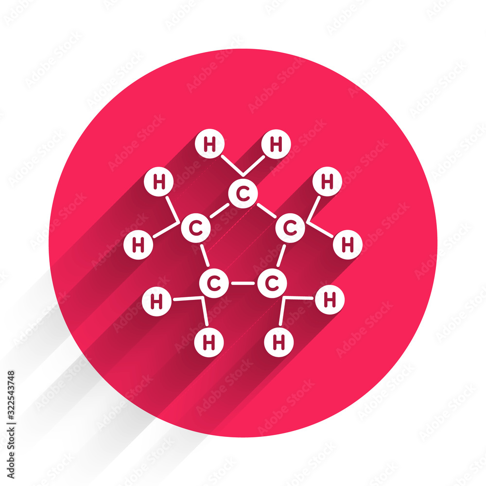 白色分子油图标，长阴影分离。化学中分子的结构。红圈b