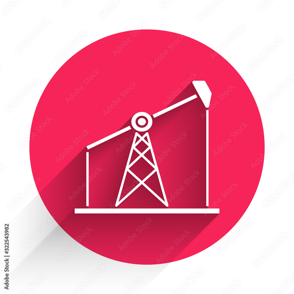 White Oil pump or pump jack icon isolated with long shadow. Oil rig. Red circle button. Vector Illus